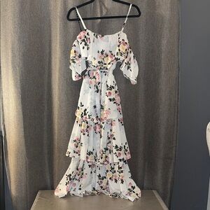 Missguided White Floral Tiered Maxi Dress with Pink & Green Accents